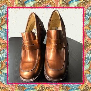 Zinda Metallic Copper Leather Block Heel Loafers S 37 Made in Spain Penny Loafer